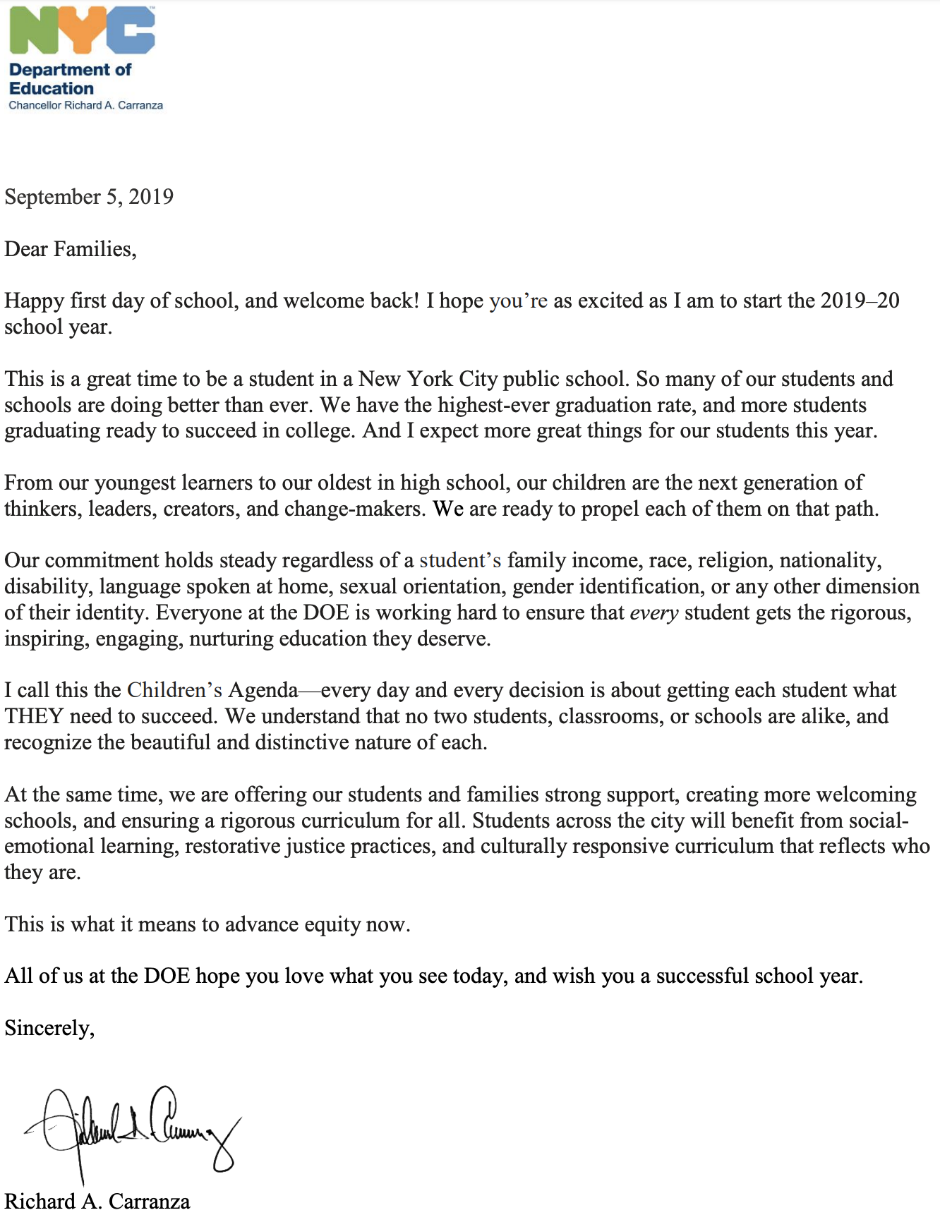 Welcome Letter from NYC DOE School's Chancellor, Richard Carranza. 